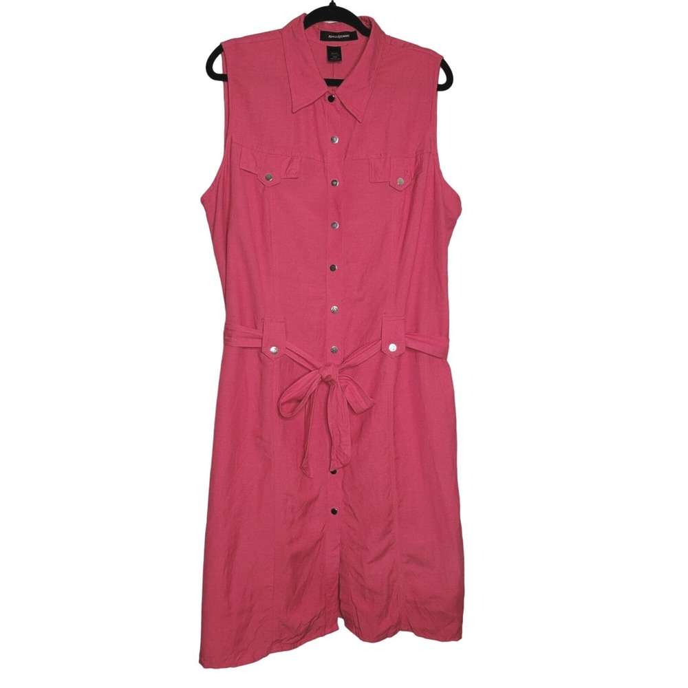 Ashley Stewart Shirt Dress  20W Pink Linen Blend Sleeveless Snap Front Belt
